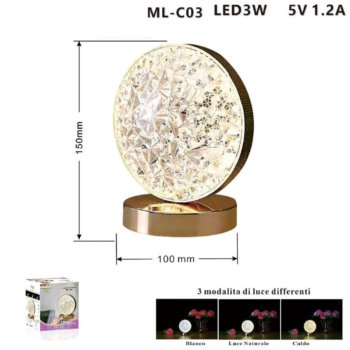 LAMPADA TAVOLO LED RICARICABILE CRISTALLO ATMOSFERA 3W DIAMANTE TOUCH LUNA PIENA