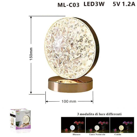 LAMPADA TAVOLO LED RICARICABILE CRISTALLO ATMOSFERA 3W DIAMANTE TOUCH LUNA PIENA
