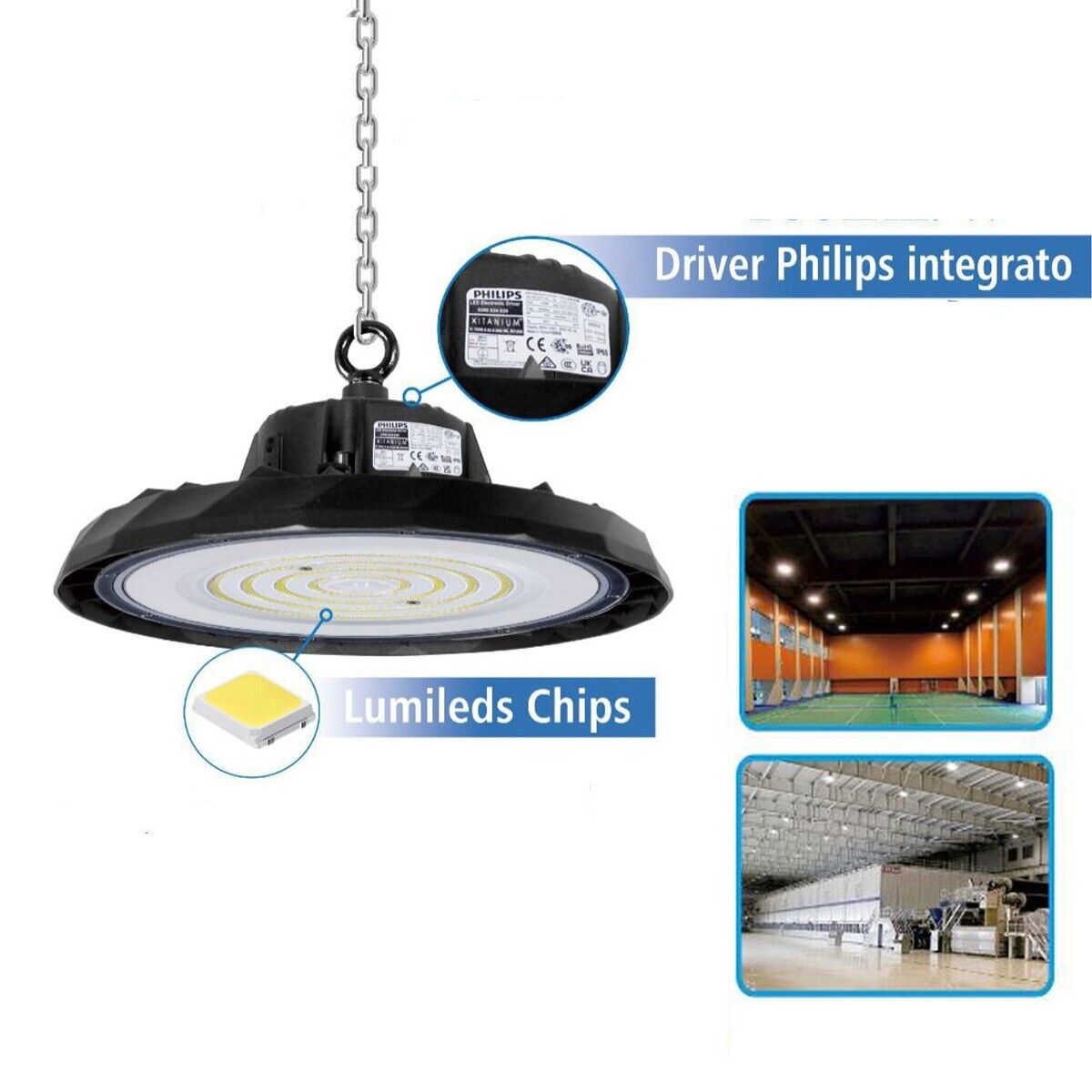FARO INDUSTRIALE DRIVER LED PHILIPS UFO 200W LAMPADA SOSPENSIONE LUCE 6500k