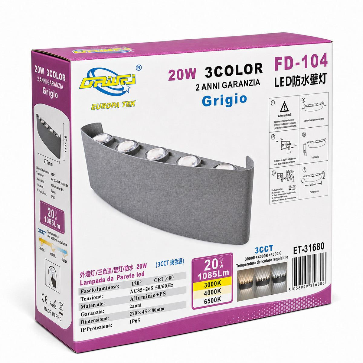 APPLIQUE LED 20W ESTERNO LAMPADA PARETE GRIGIA IP65 3000K 4000K 6000K ET-31680
