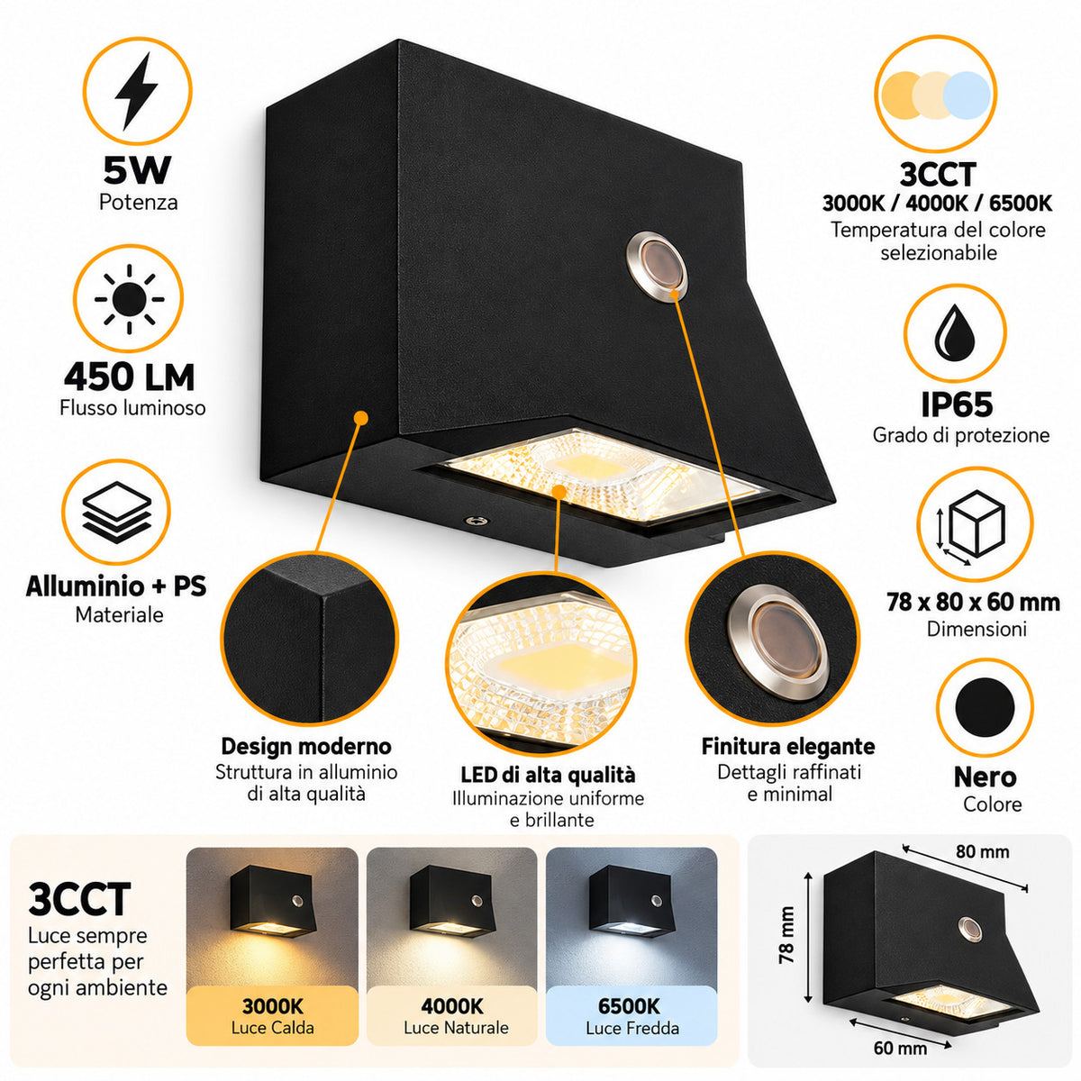 APPLIQUE LED 5W ESTERNO LAMPADA PARETE NERA IP65 3000K 4000K 6000K ET-31693