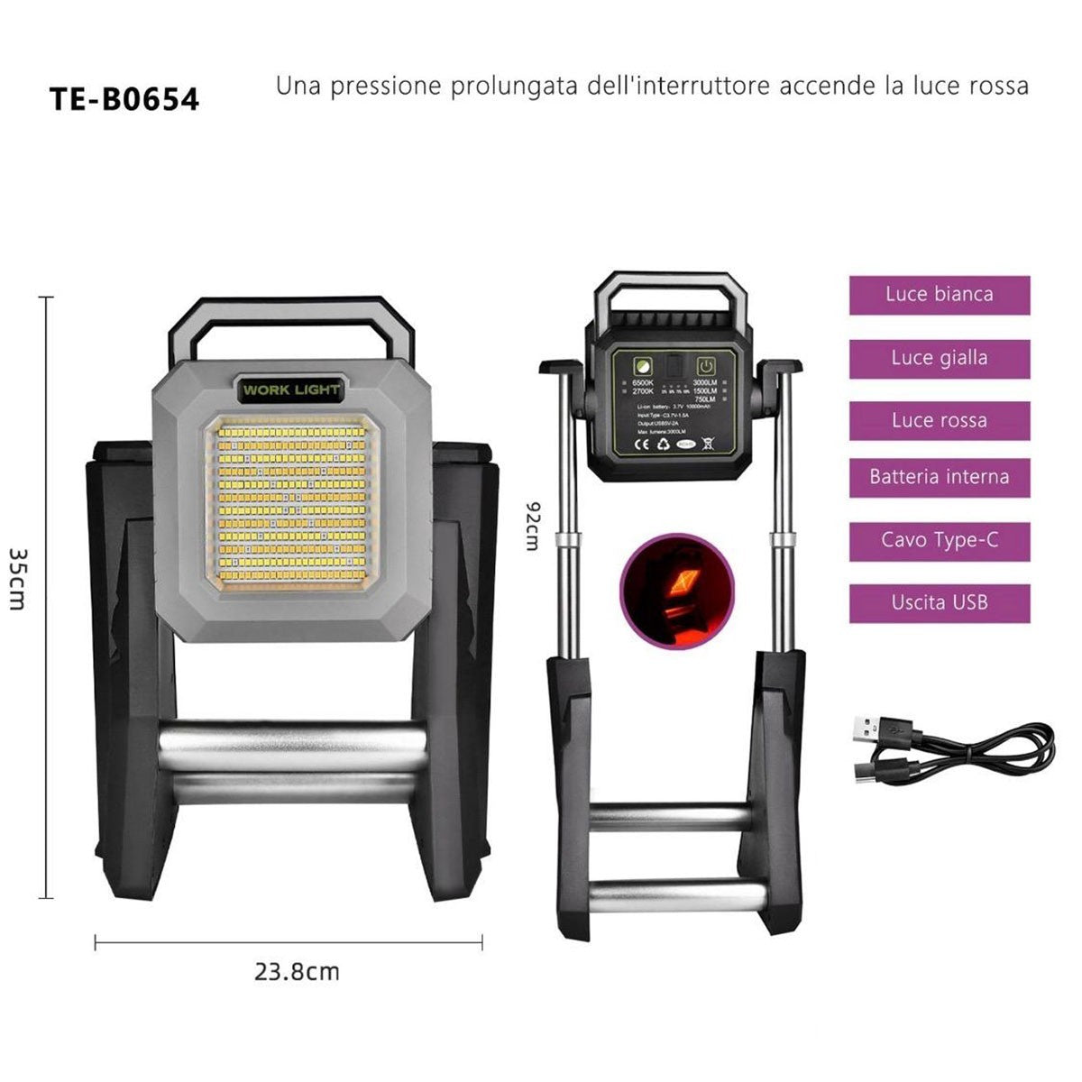 FARO LED LAVORO RICARICABILE USB 3000LM LUCE BIANCA GIALLA ROSSA PIANTANA 0654