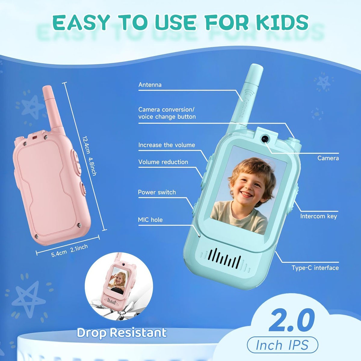 TALKIE-WALKIE VIDÉO ENFANTS 2 PIÈCES RECHARGEABLES AVEC ÉCRAN JEU ÉDUCATIF