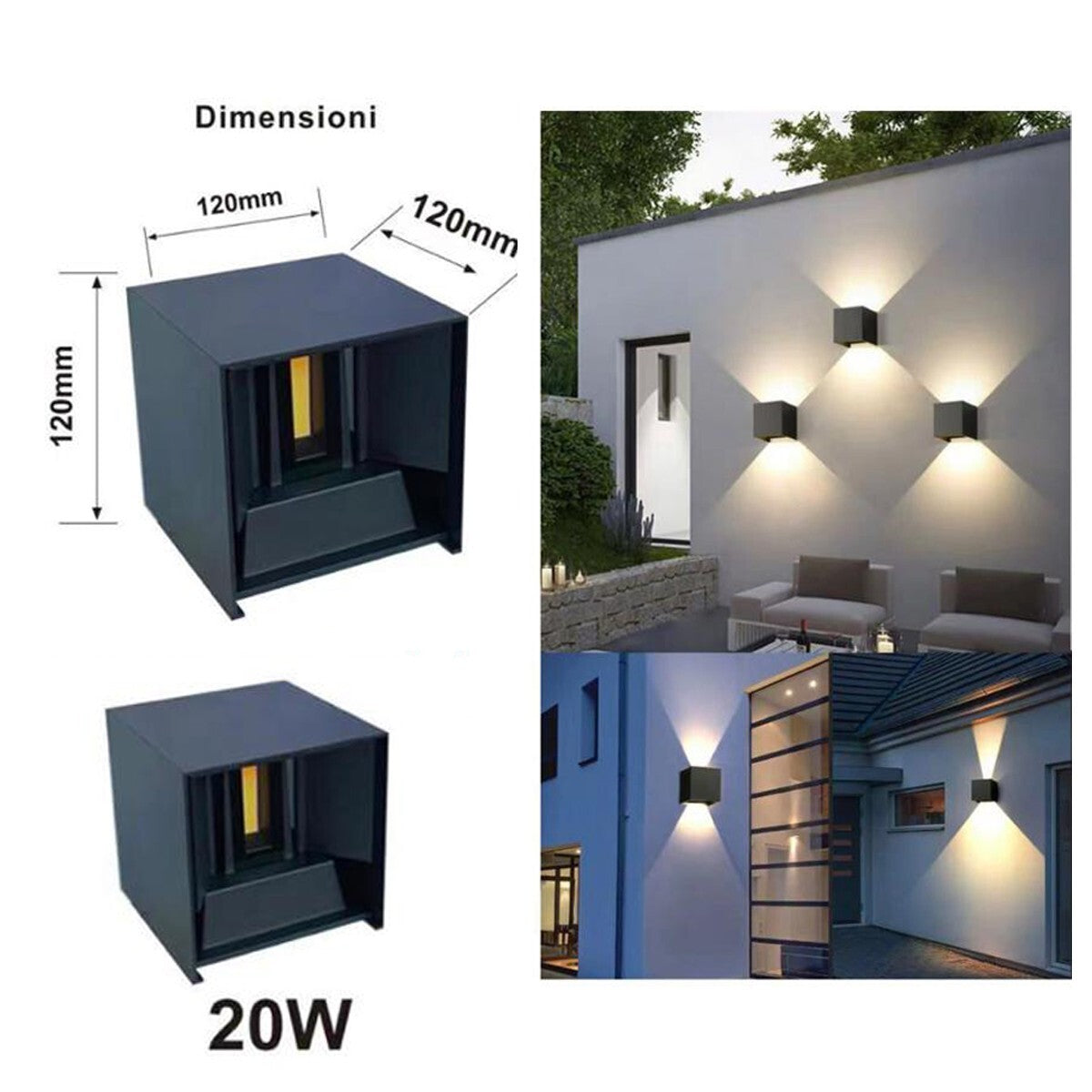 APPLIQUE LED COB LAMPADA PARETE 20W QUADRATO NERO CALDO INTERNO ESTERNO 18
