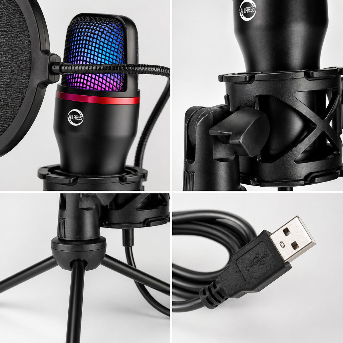 MICROFONO USB A CONDENSATORE TREPPIEDE FILTRO POP RGB STREAMING PODCAST AS-06022