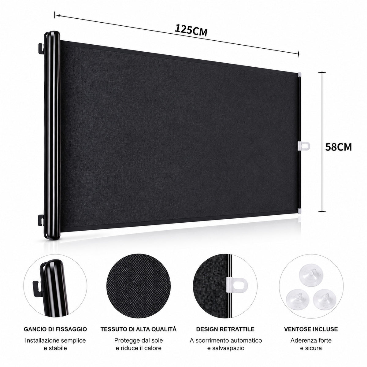 TENDINA PARASOLE AVVOLGIBILE PER AUTO 125x58CM PARABREZZA OSCURANTE CA-02466
