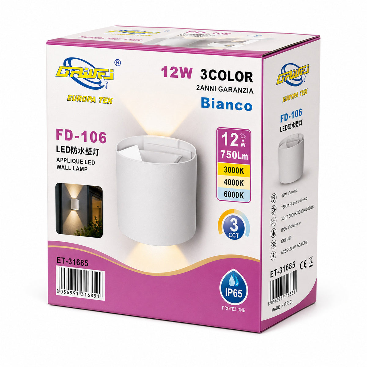 APPLIQUE LED 12W ESTERNO LAMPADA PARETE BIANCA IP65 3000K 4000K 6000K ET-31685