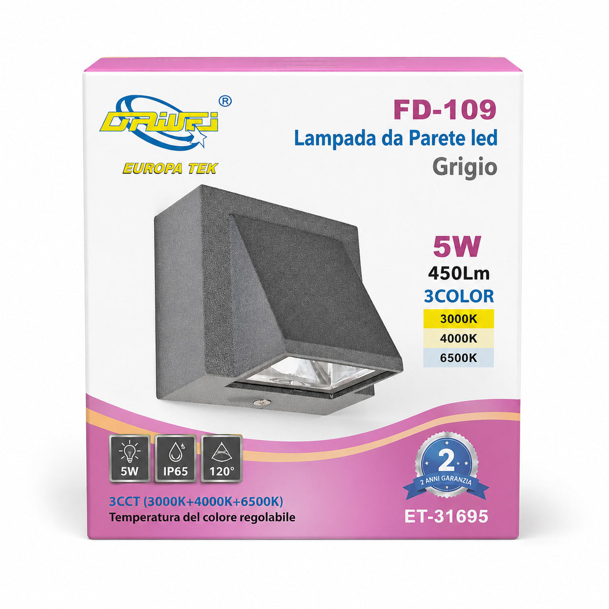 APPLIQUE LED 5W ESTERNO LAMPADA PARETE GRIGIO IP65 3000K 4000K 6000K ET-31695
