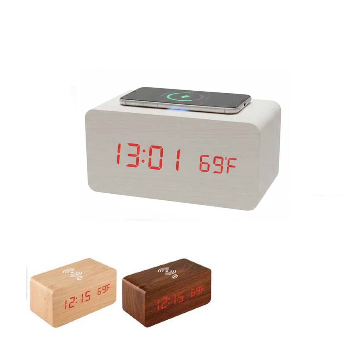 RÉVEIL NUMÉRIQUE MULTIFONCTION BOIS LED RECHARGE SANS FIL TEMPÉRATURE 06724