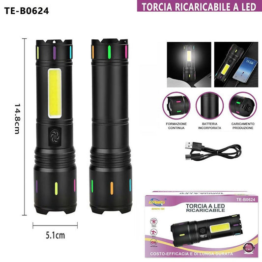 TORCIA RICARICABILE LED LATERALE COB USB POTENTE BATTERIA PORTATILE TE-B0624