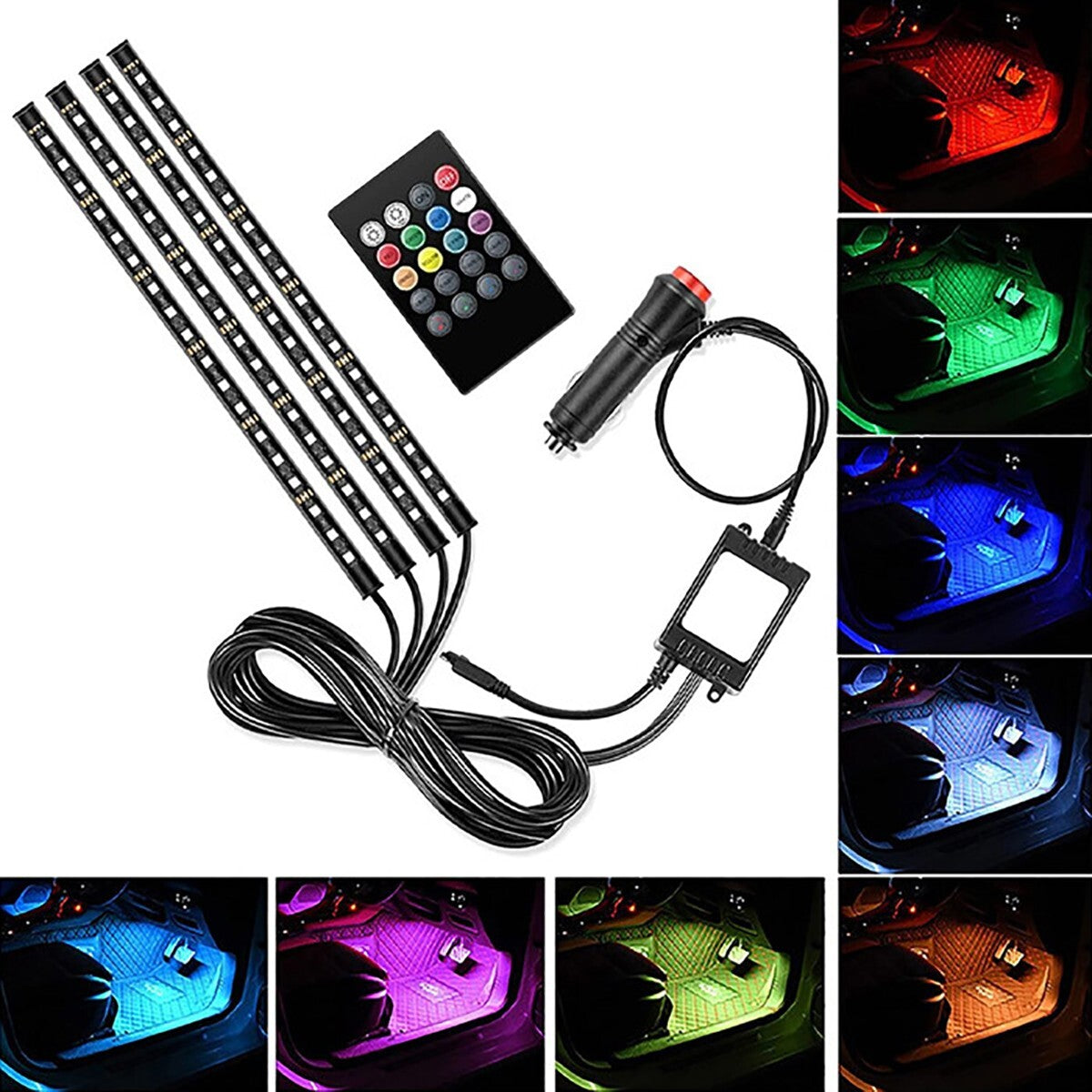 STRISCIA PER INTERNI AUTO 72 LED RGB LUCI VANO PIEDI ATMOSFERA TELECOMANDO 12V