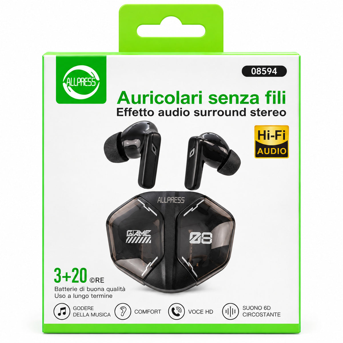 AURICOLARI SENZA FILI HI-FI STEREO 6D CUSTODIA RICARICA USB TWS SPORT AS-08594