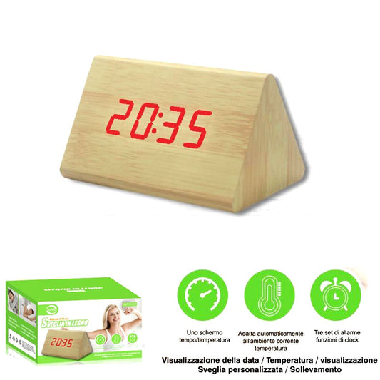SVEGLIA OROLOGIO DIGITALE LED EFFETTO LEGNO SUONO ALLARME TEMPERATURA DATA 04905