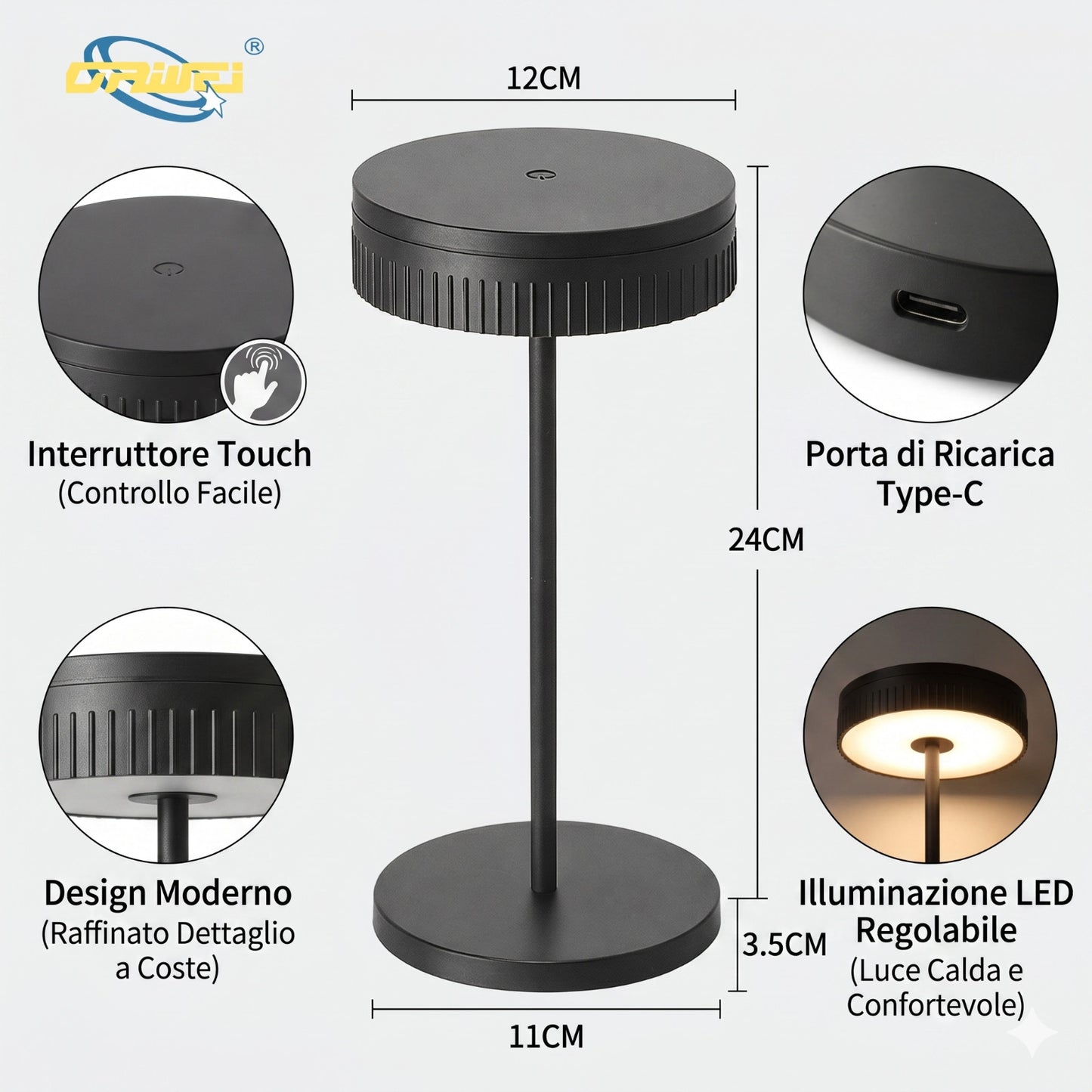LAMPADA DA TAVOLO LED RICARICABILE TOUCH USB 2000MAH DESIGN MODERNO NERO LPT146