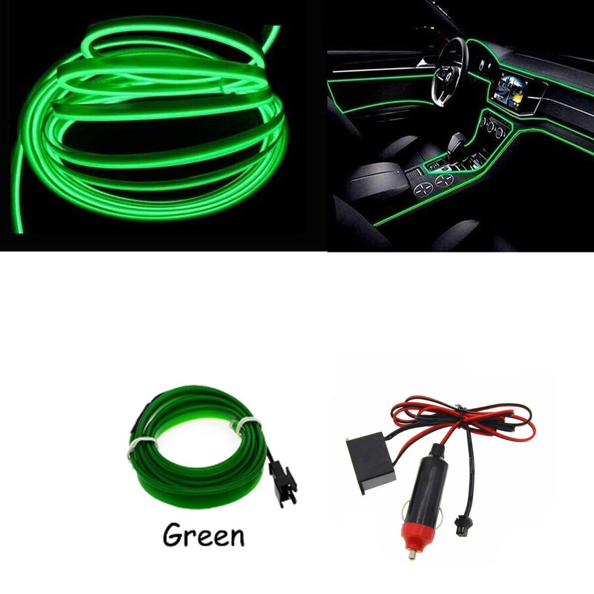 BANDE LUMINEUSE INTÉRIEURE VOITURE FIBRE OPTIQUE 12V DÉCORATION FIL 3M VERT 46