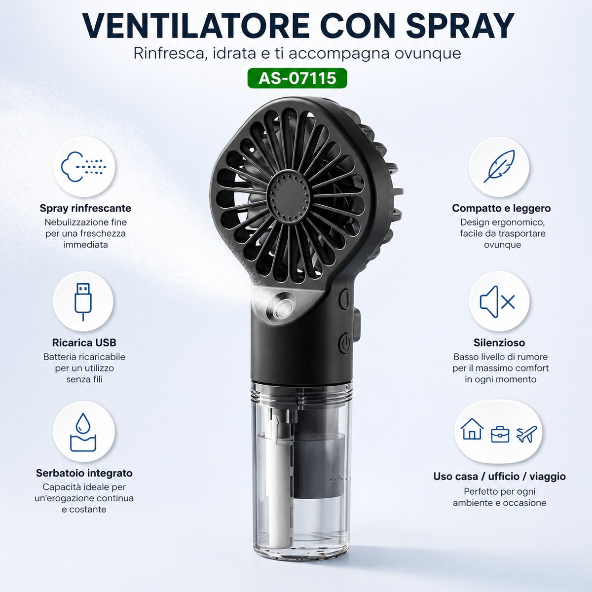 VENTILATEUR PORTATIF AVEC SPRAY RECHARGEABLE USB MINI VENTILATEUR HUMIDIFICATEUR AS-07115