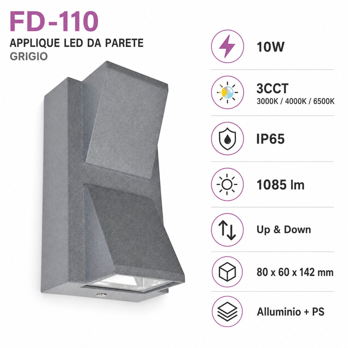 APPLIQUE LED 10W ESTERNO LAMPADA PARETE GRIGIA IP65 3000K 4000K 6000K ET-31698