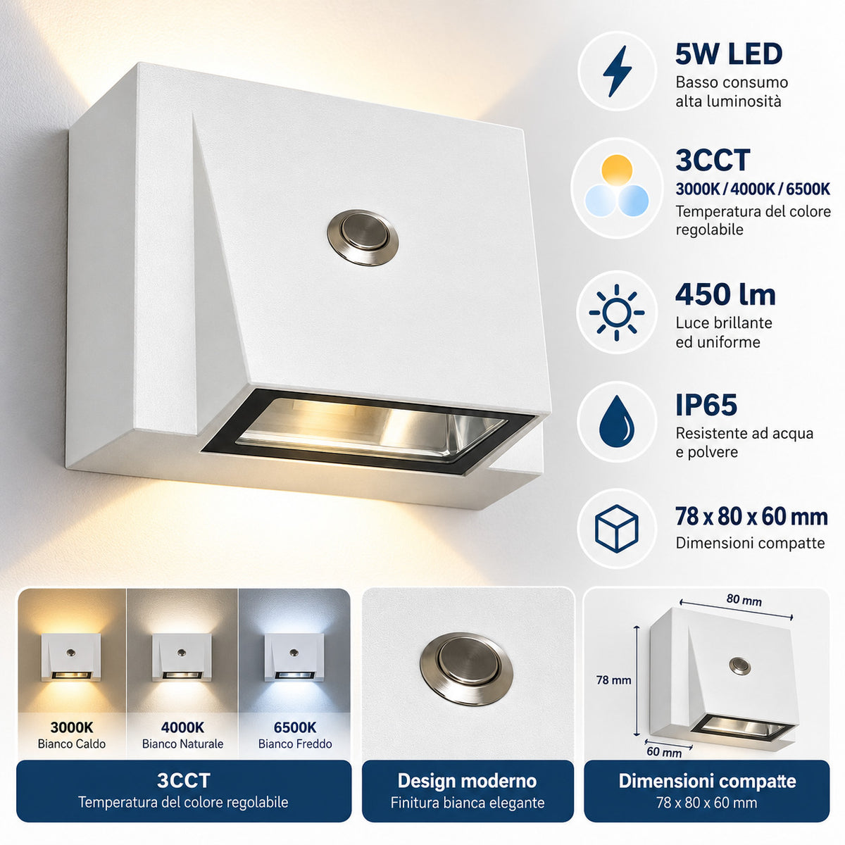 APPLIQUE LED 5W ESTERNO LAMPADA PARETE BIANCA IP65 3000K 4000K 6000K ET-31694