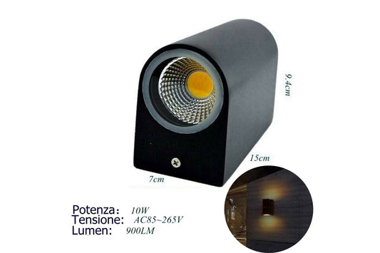 APPLIQUE LED 10W NERO LAMPADA DOPPIA LUCE CALDA PARETE UP DOWN FARETTO ESTERNO