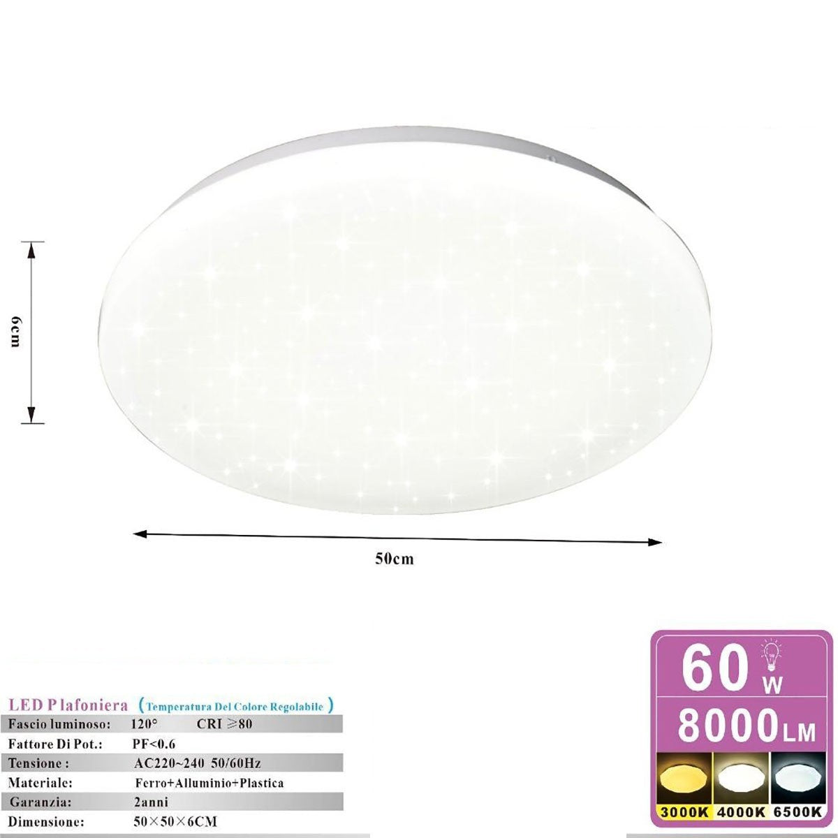PLAFONIERA DA SOFFITTO LED 60W 3000K 4000K 6500K 8000LM SOTTILE 50CM ET-31640