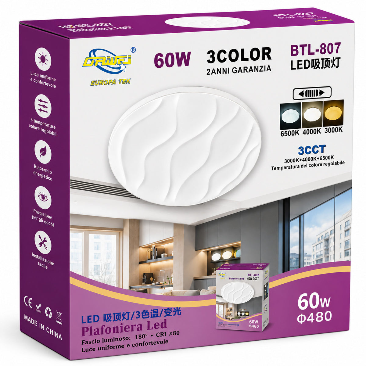 PLAFONIERA LED 60W 3CCT 48CM LAMPADA SOFFITTO LUCE 3000K 4000K 6500K ET-31732