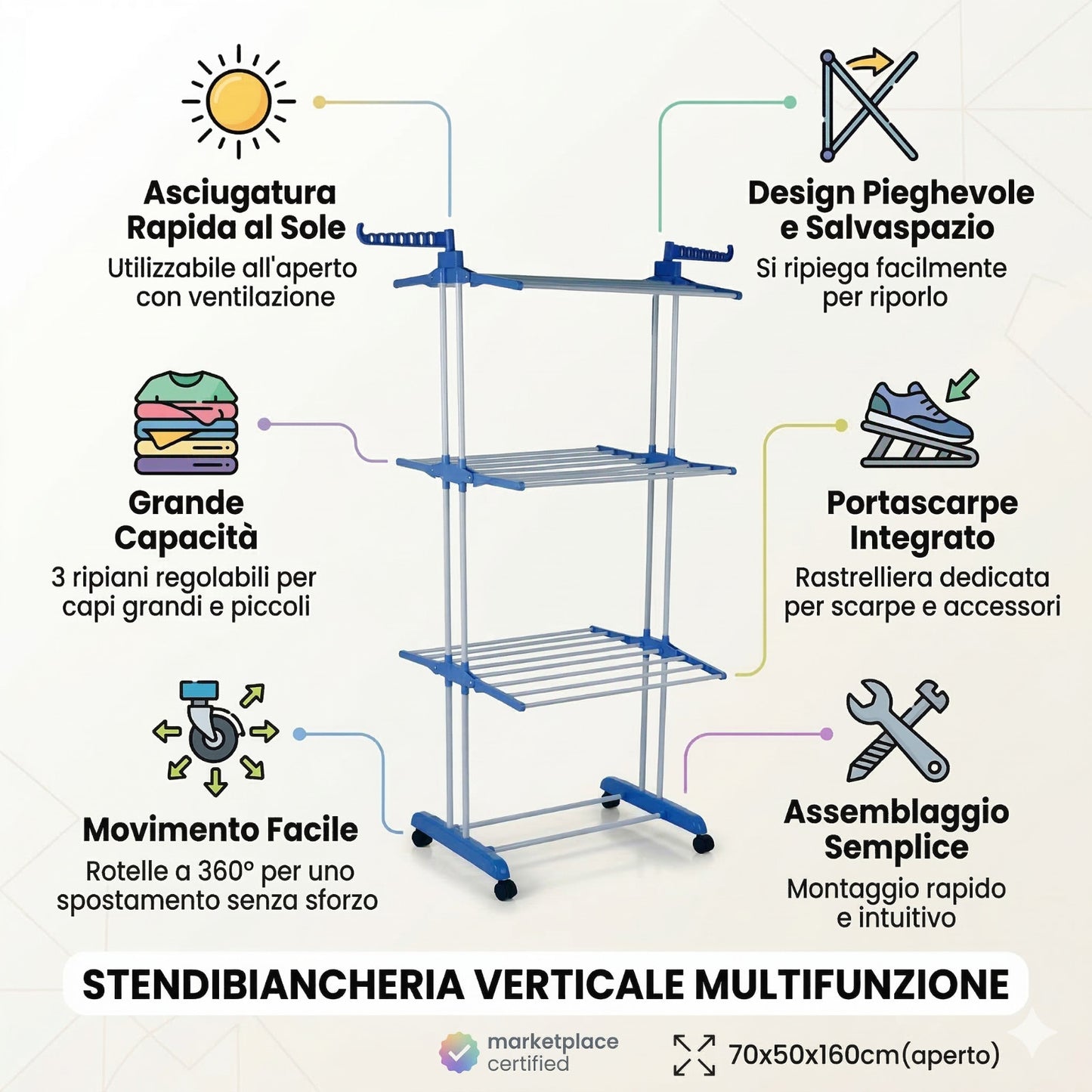 STENDIBIANCHERIA VERTICALE PIEGHEVOLE SALVASPAZIO CON RUOTE STENDINO 69080