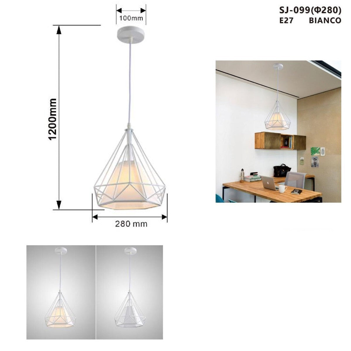 LUSTRE CAGE MÉTAL INDUSTRIEL RÉTRO E27 SUSPENSION VINTAGE BLANC SJ-099
