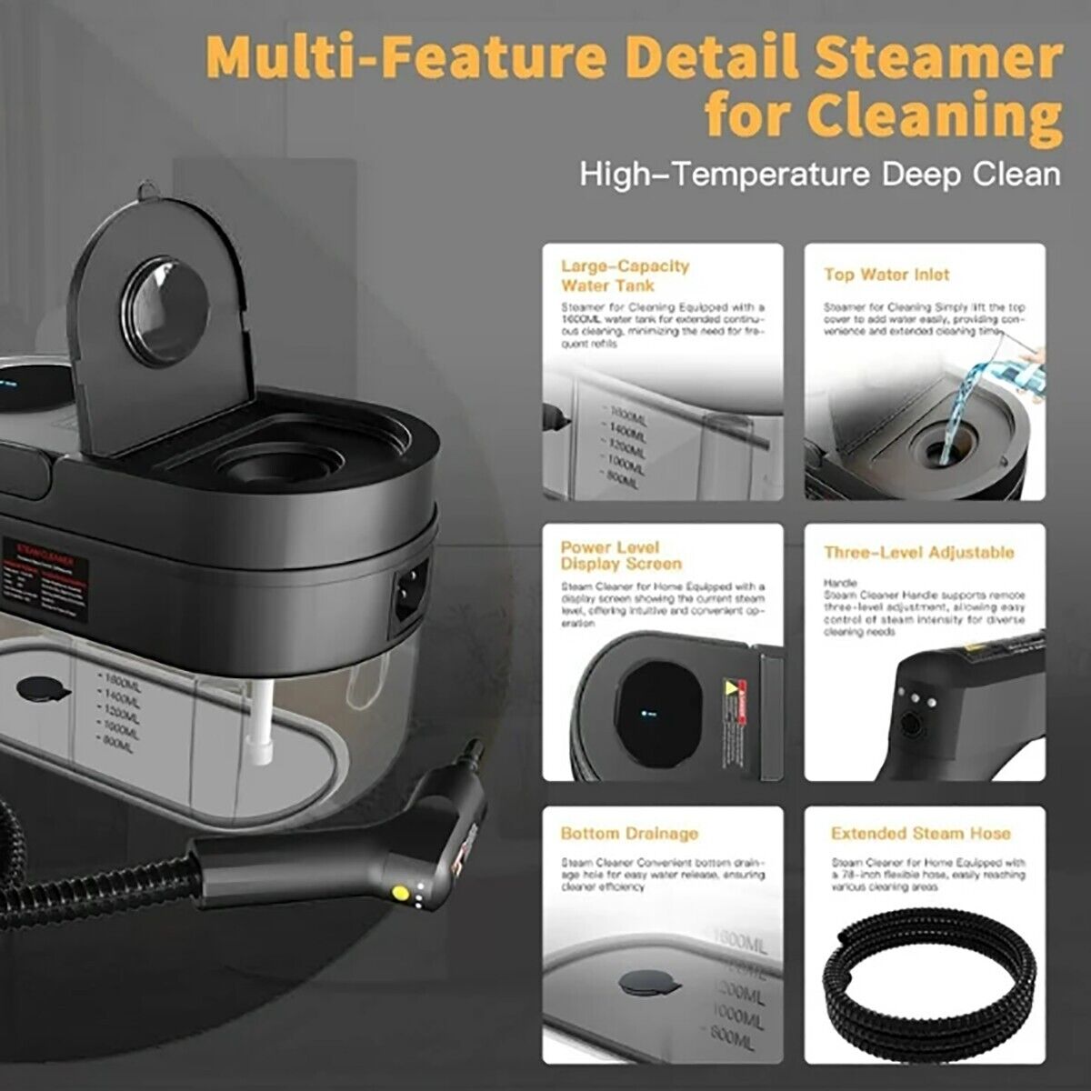 PULITORE A VAPORE PORTATILE 7 ACCESSORI SERBATOIO 1,6L CASA AUTO PAVIMENTI