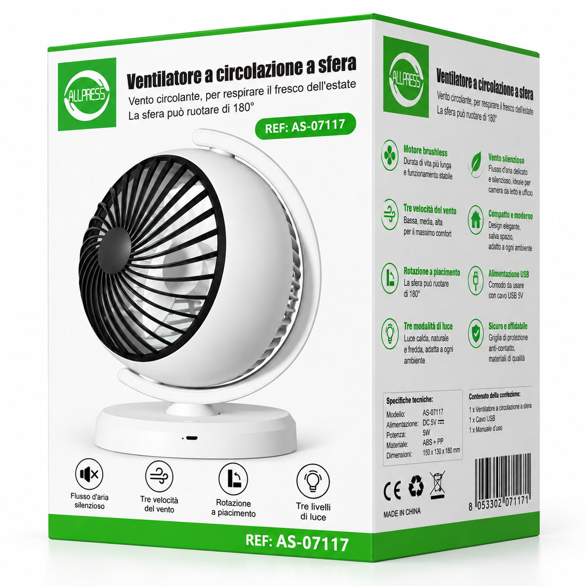 VENTILATORE DA TAVOLO A SFERA 3 VELOCITÀ LUCE LED ROTAZIONE 180° CAMERA AS-07117