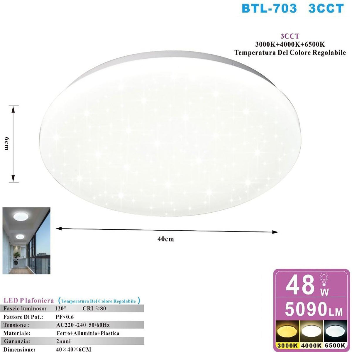 PLAFONIERA DA SOFFITTO LED 48W 3000K 4000K 6500K 5090LM SOTTILE 40CM ET-31639
