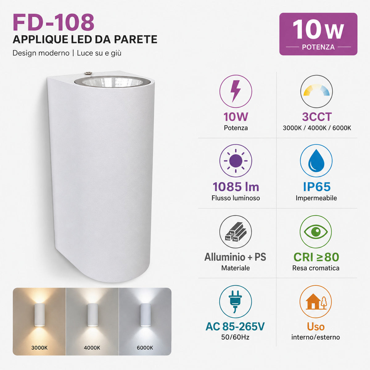 APPLIQUE LED 10W ESTERNO LAMPADA PARETE BIANCA IP65 3000K 4000K 6000K ET-31691