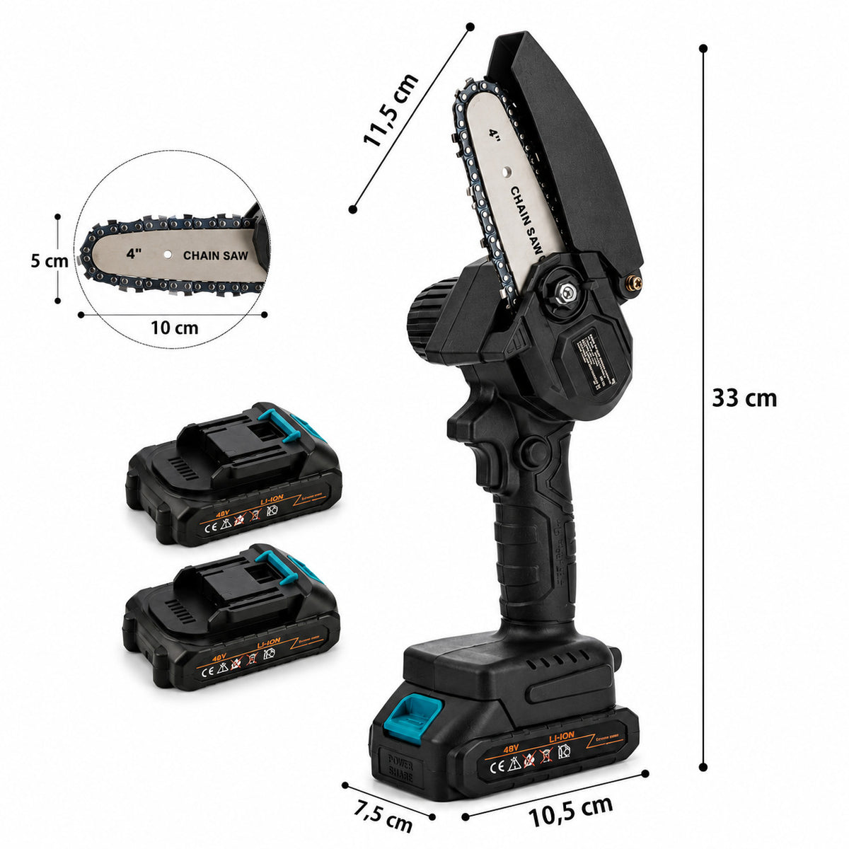 MINI SCIE À CHAÎNE ÉLECTRIQUE SANS FIL 48V TRONÇONNEUSE 4" CHAÎNE D'ÉLAGAGE POUR BRANCHES 2 BATTERIES