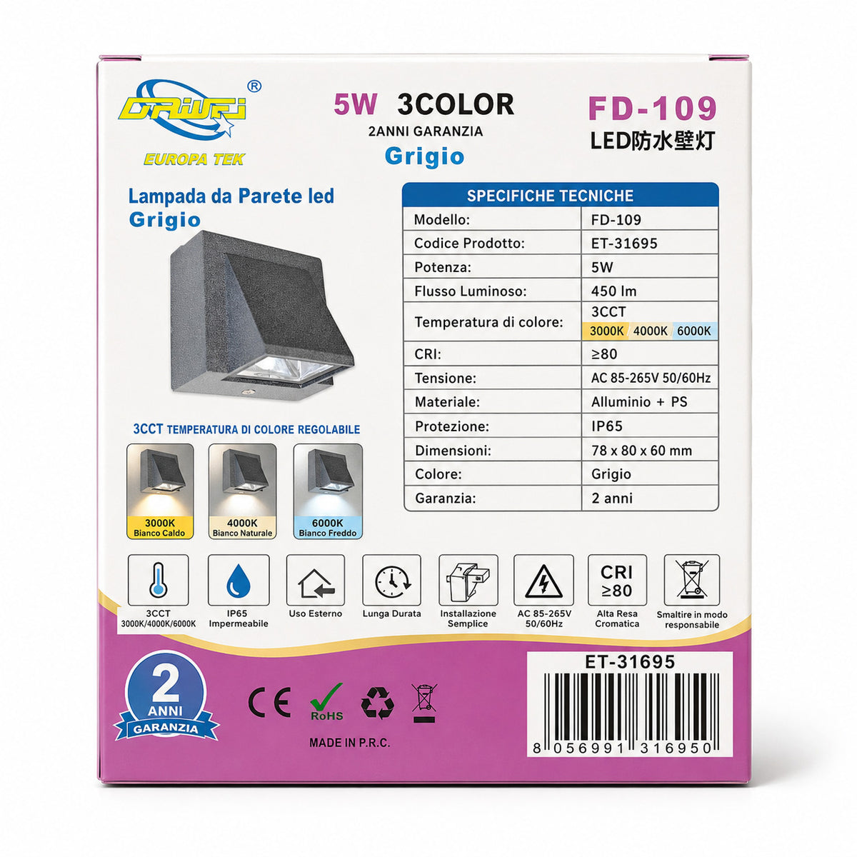 APPLIQUE LED 5W ESTERNO LAMPADA PARETE GRIGIO IP65 3000K 4000K 6000K ET-31695