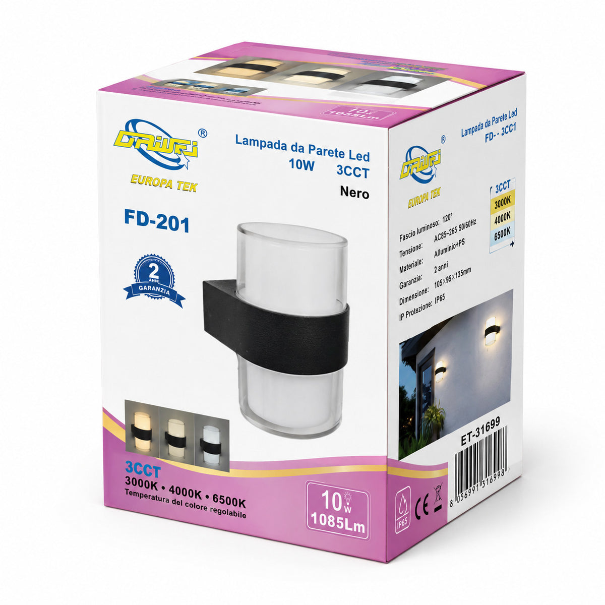 APPLIQUE LED 10W ESTERNO LAMPADA PARETE NERO IP65 3000K 4000K 6000K ET-31699
