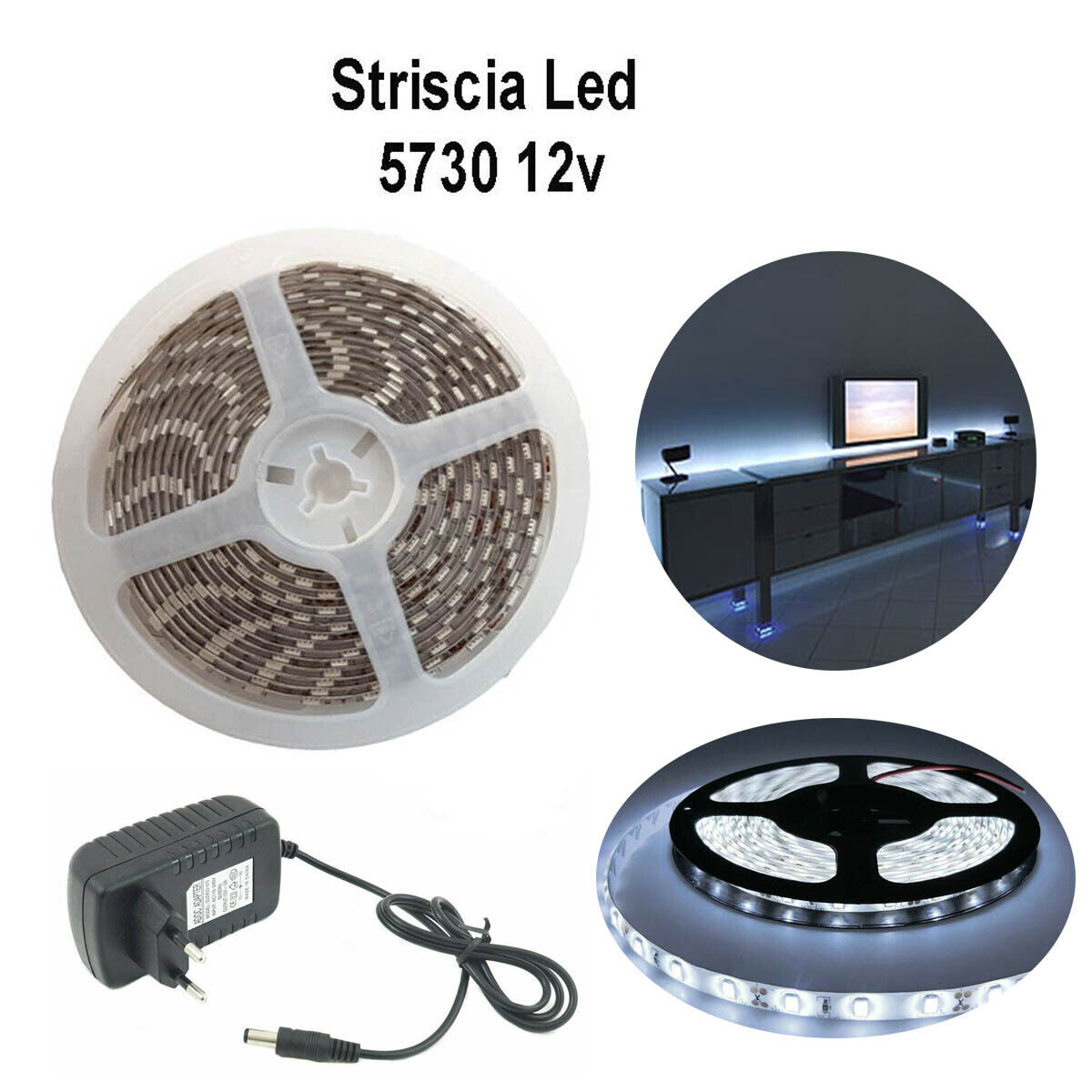 STRISCIA LED 5730 FLESSIBILE 5M ADESIVA ALIMENTATORE 2A LUCE BIANCO FREDDO IP65