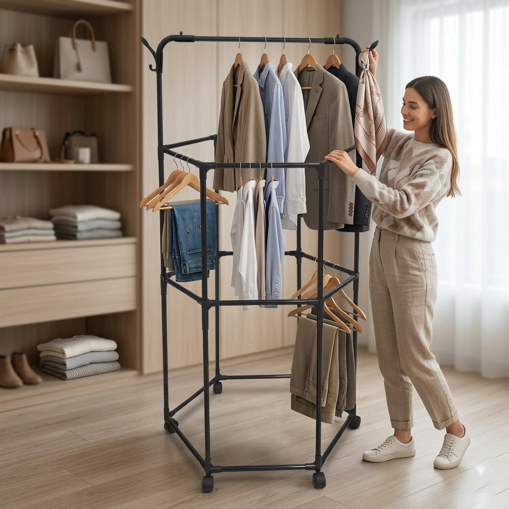 PORTE-MANTEAU ÉTENDOIR ROTATIF À ROULETTES PEUT ENCOMBRANT 69726