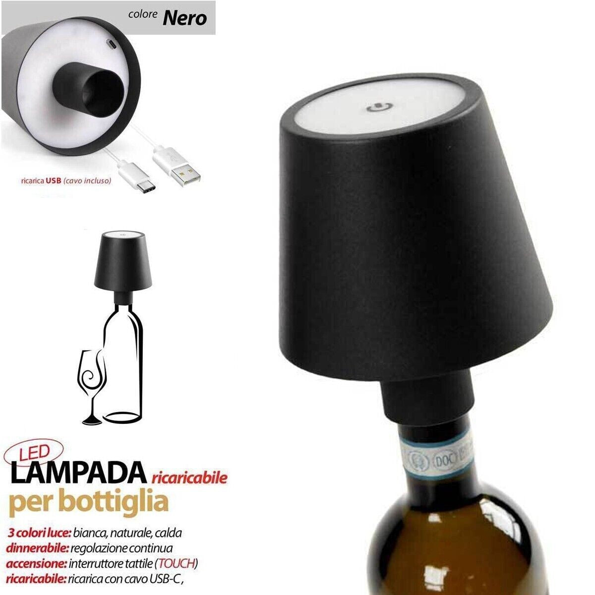 LAMPADA LED PER BOTTIGLIA TAPPO TAVOLO TOUCH DIMMERABILE USB RICARICABILE NERO