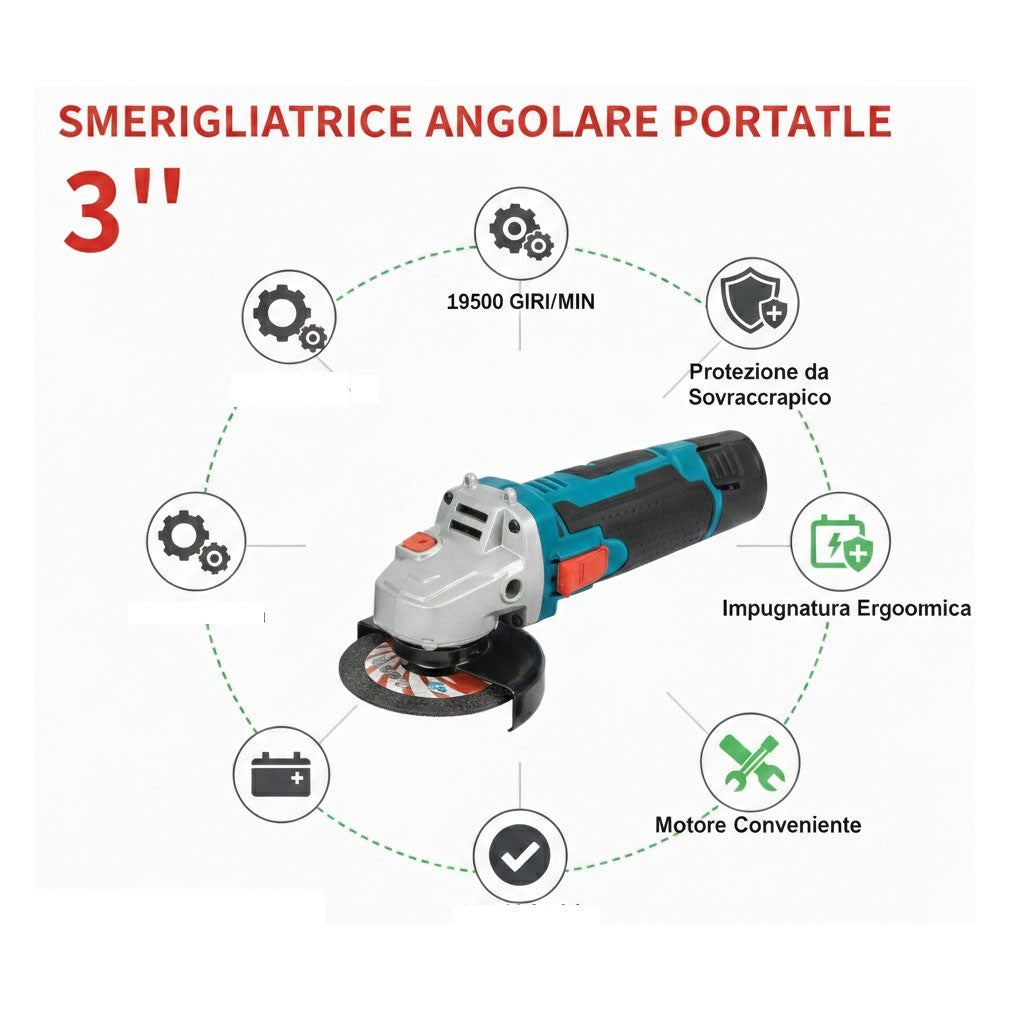 SMERIGLIATRICE ANGOLARE A BATTERIA 3 POLLICI PORTATILE 2 BATTERIE DA 24VF 08626