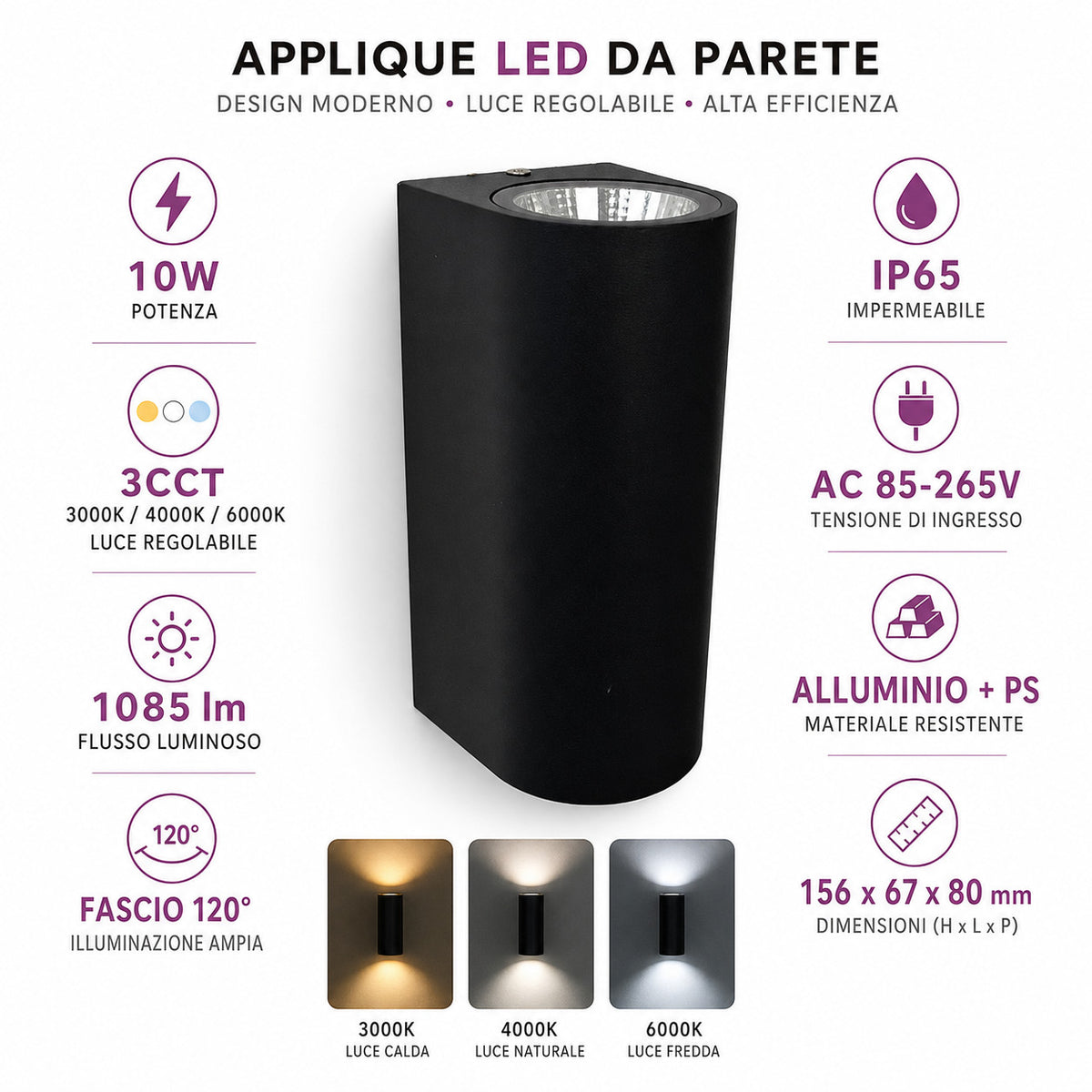 APPLIQUE LED 10W ESTERNO LAMPADA PARETE NERO IP65 3000K 4000K 6000K ET-31690