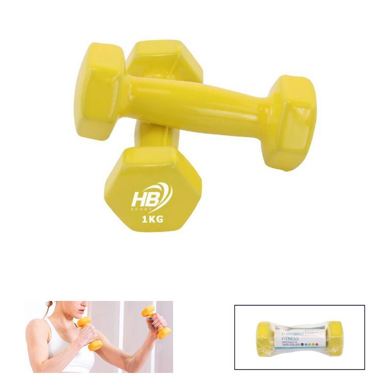 COPPIA 2 MANUBRI PESI PALESTRA MANUBRIO PESETTI GIALLO FITNESS BILANCIERE 1KG