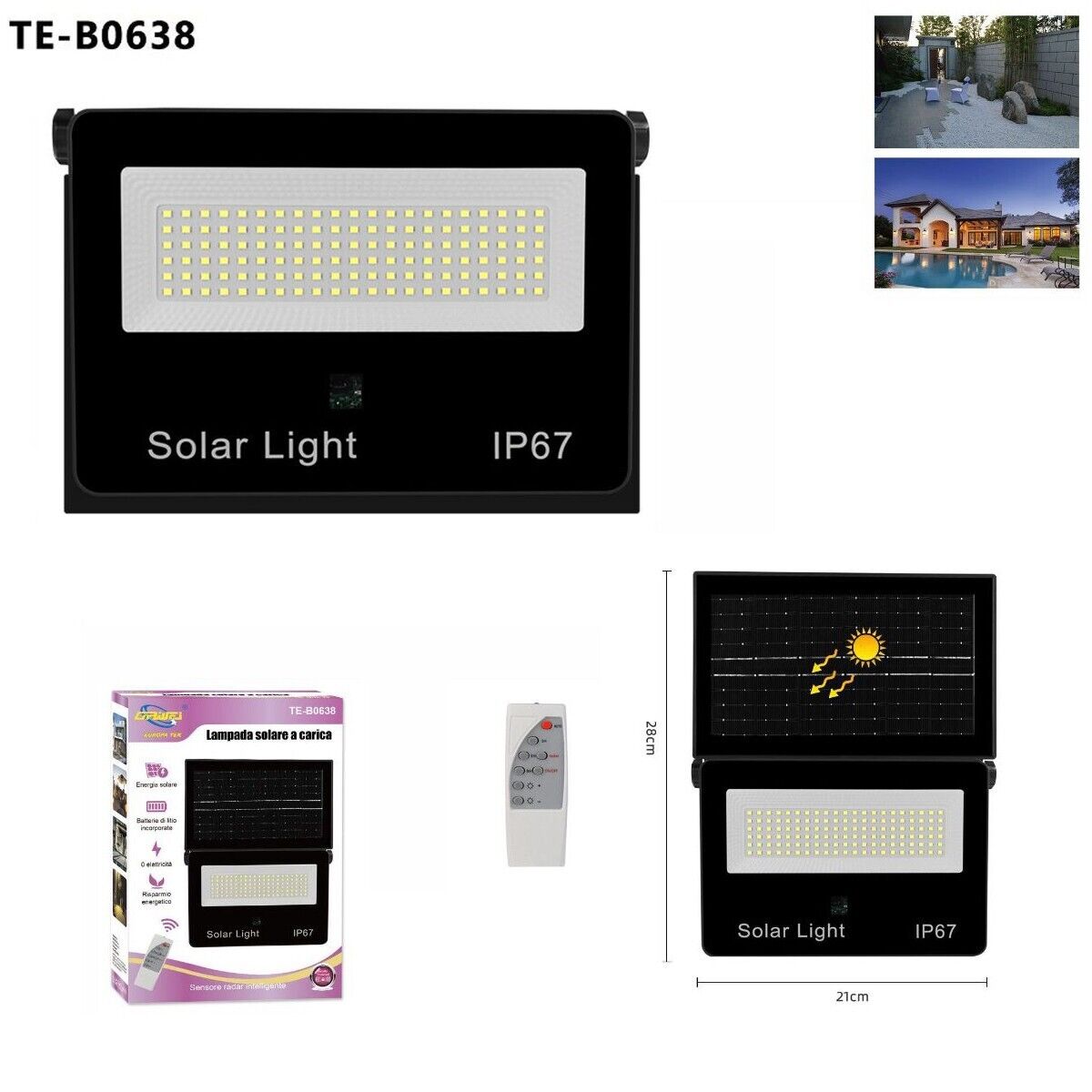 FARO LED FARETTO PANNELLO SOLARE CREPUSCOLARE IP67 126  LED TELECOMANDO TE-B0638