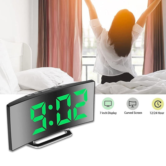 RÉVEIL NUMÉRIQUE À AFFICHAGE LED COURBÉ HORLOGE DE TABLE DE CHEVET MIROIR DD-1209