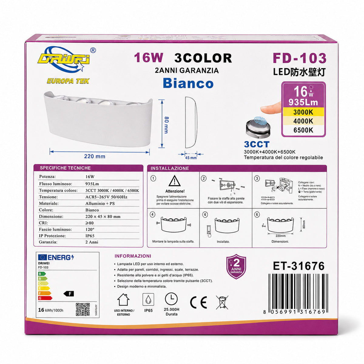 APPLIQUE LED 16W BIANCA IP65 LAMPADA PARETE ESTERNO 3000K 4000K 6000K ET-31676