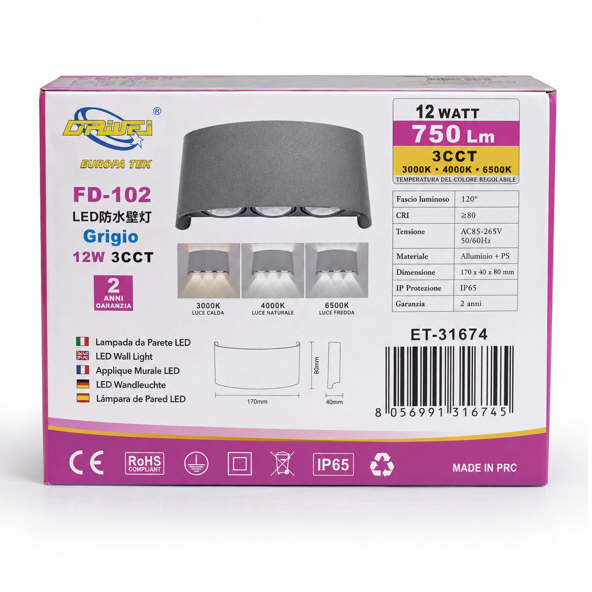 APPLIQUE LED 12W GRIGIA IP65 LAMPADA PARETE ESTERNO3000K 4000K 6000K ET-31674