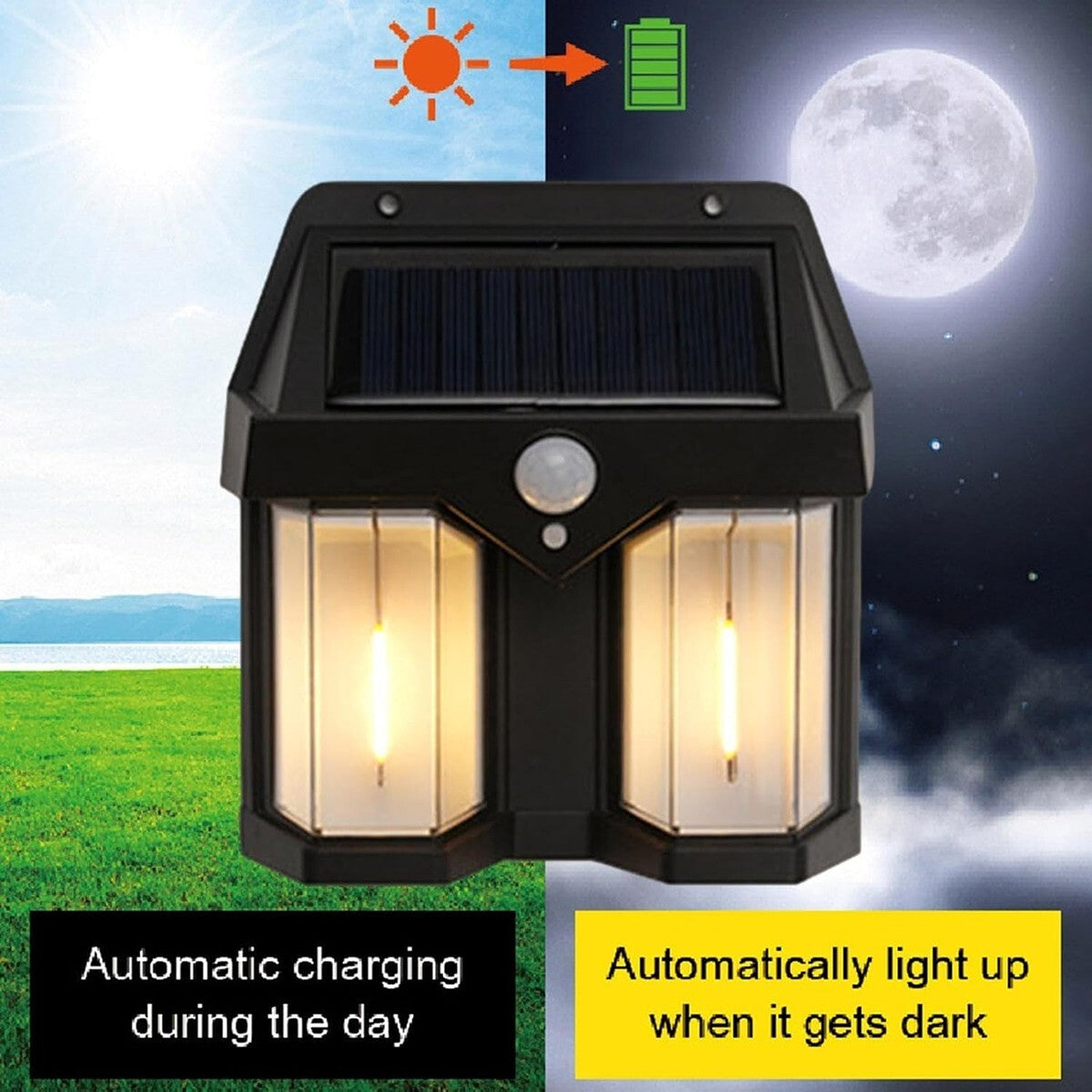 APPLIQUE SOLAIRE MURALE EXTÉRIEURE ÉTANCHE DOUBLE LED CAPTEUR CRÉPUSCULAIRE