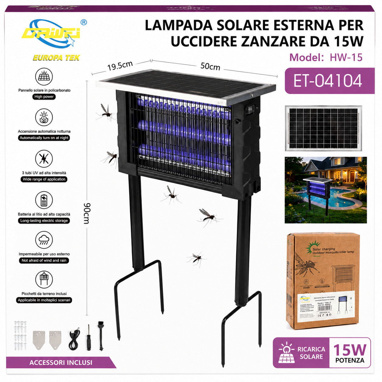 LAMPADA SOLARE ANTIZANZARE 15W UV ESTERNO UCCIDI INSETTI RICARICABILE IP65 04104