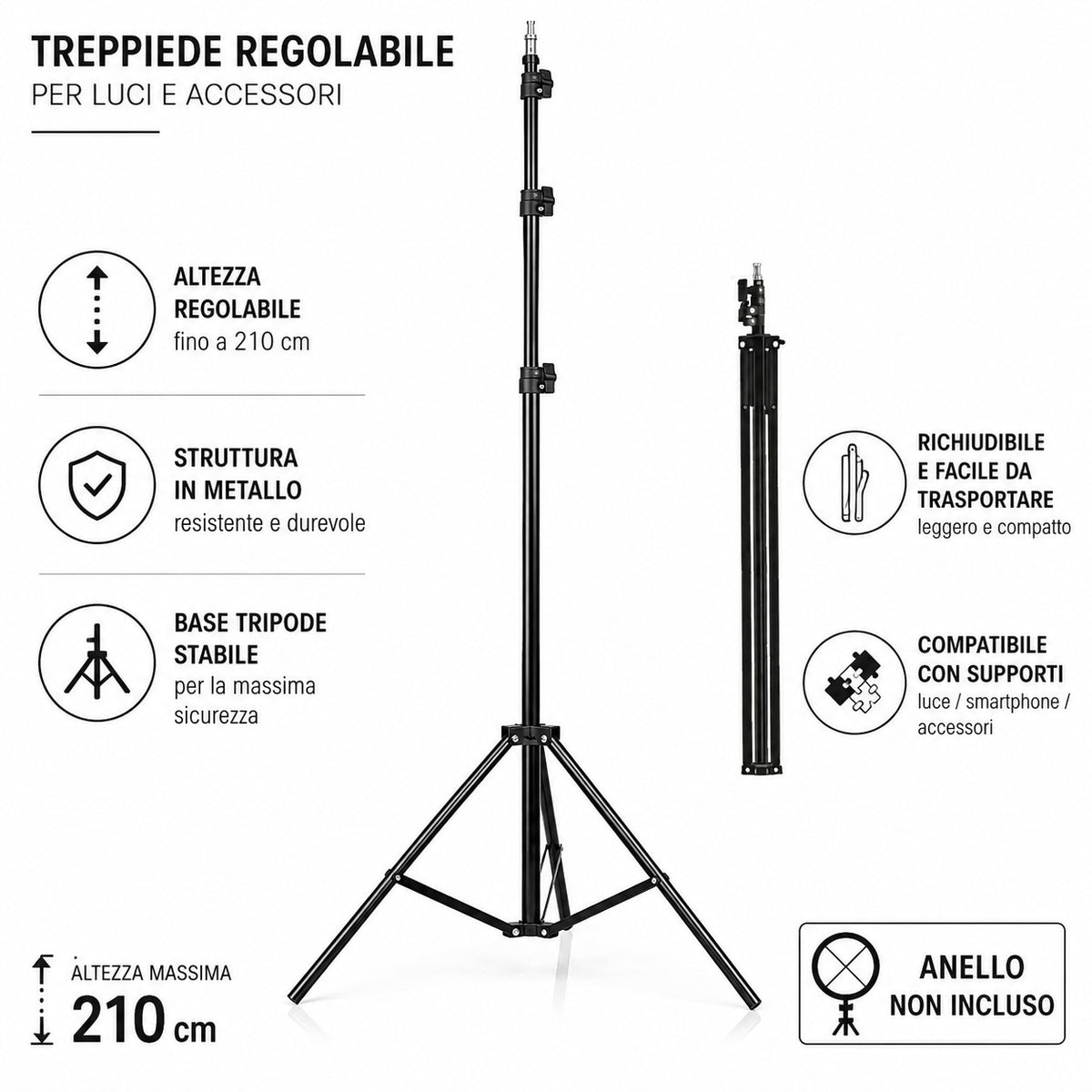 TREPIEDE SUPPORTO PER ANELLO LUMINOSO FOTO VIDEO TIKTOK SELFIE TRIPOD CAVALLETTO