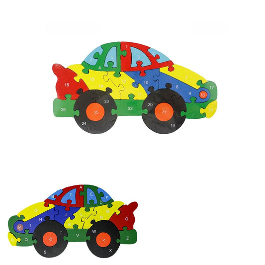 PUZZLE 3D EN BOIS JEU ÉDUCATIF CHIFFRES LETTRES ENFANTS FORME VOITURE 52269