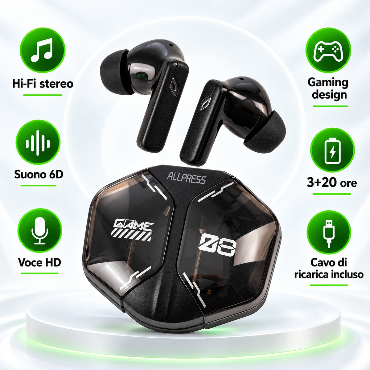 AURICOLARI SENZA FILI HI-FI STEREO 6D CUSTODIA RICARICA USB TWS SPORT AS-08594