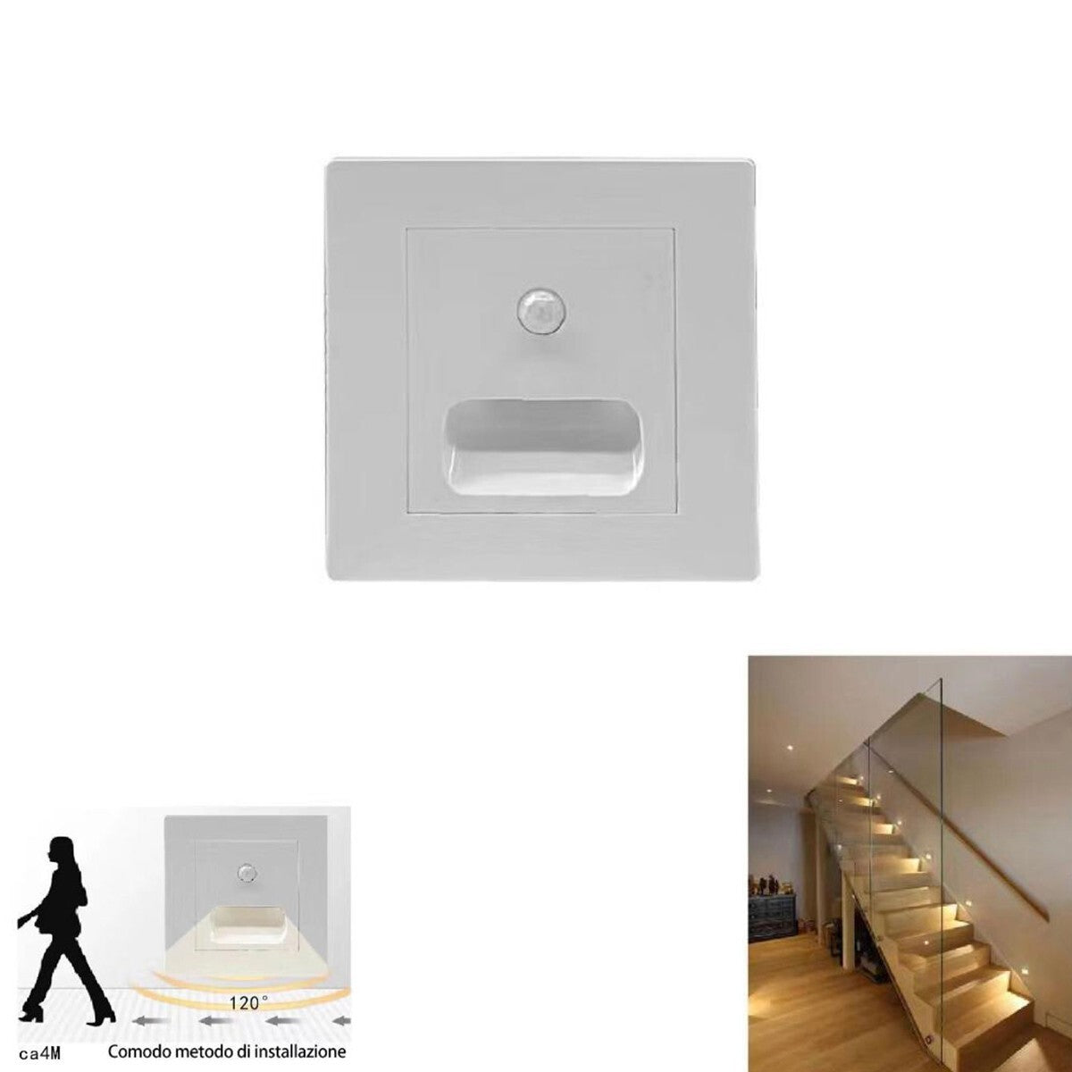 LUCE NOTTURNA SEGNAPASSO LED QUADRATO BIANCO SENSORE MOVIMENTO LUCE CALDA 3000K